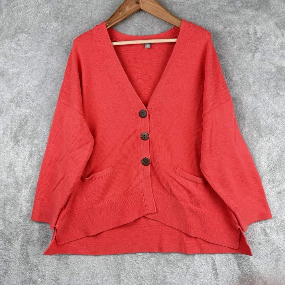 J. Jill Cardigan Womens Plus 2X Wood Buttons Coral V-Neck Sweater Pockets Casual
